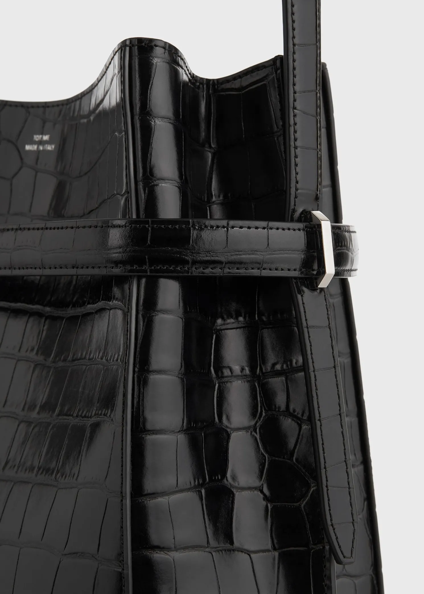 Belted croco-embossed bucket bag black