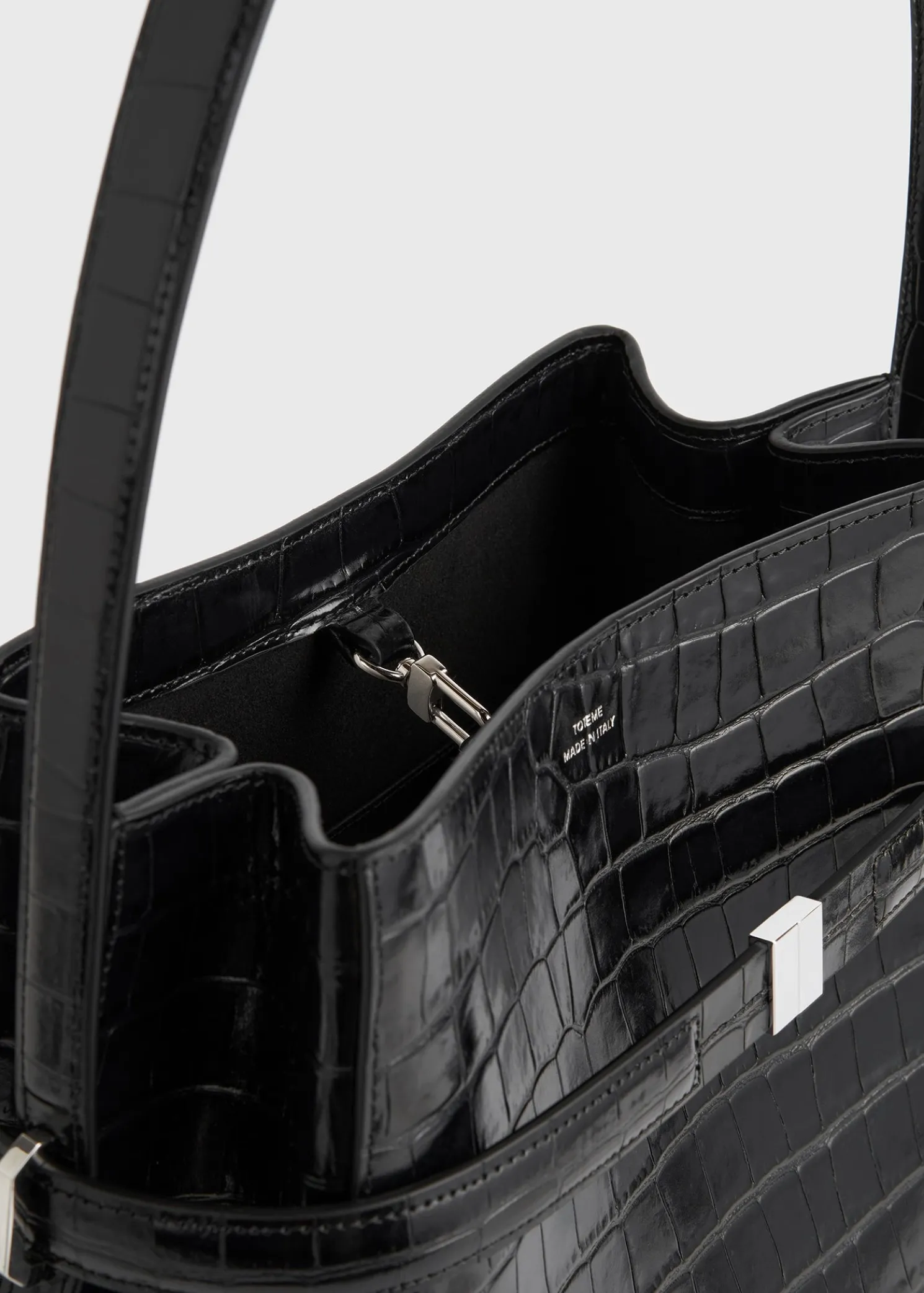 Belted croco-embossed bucket bag black