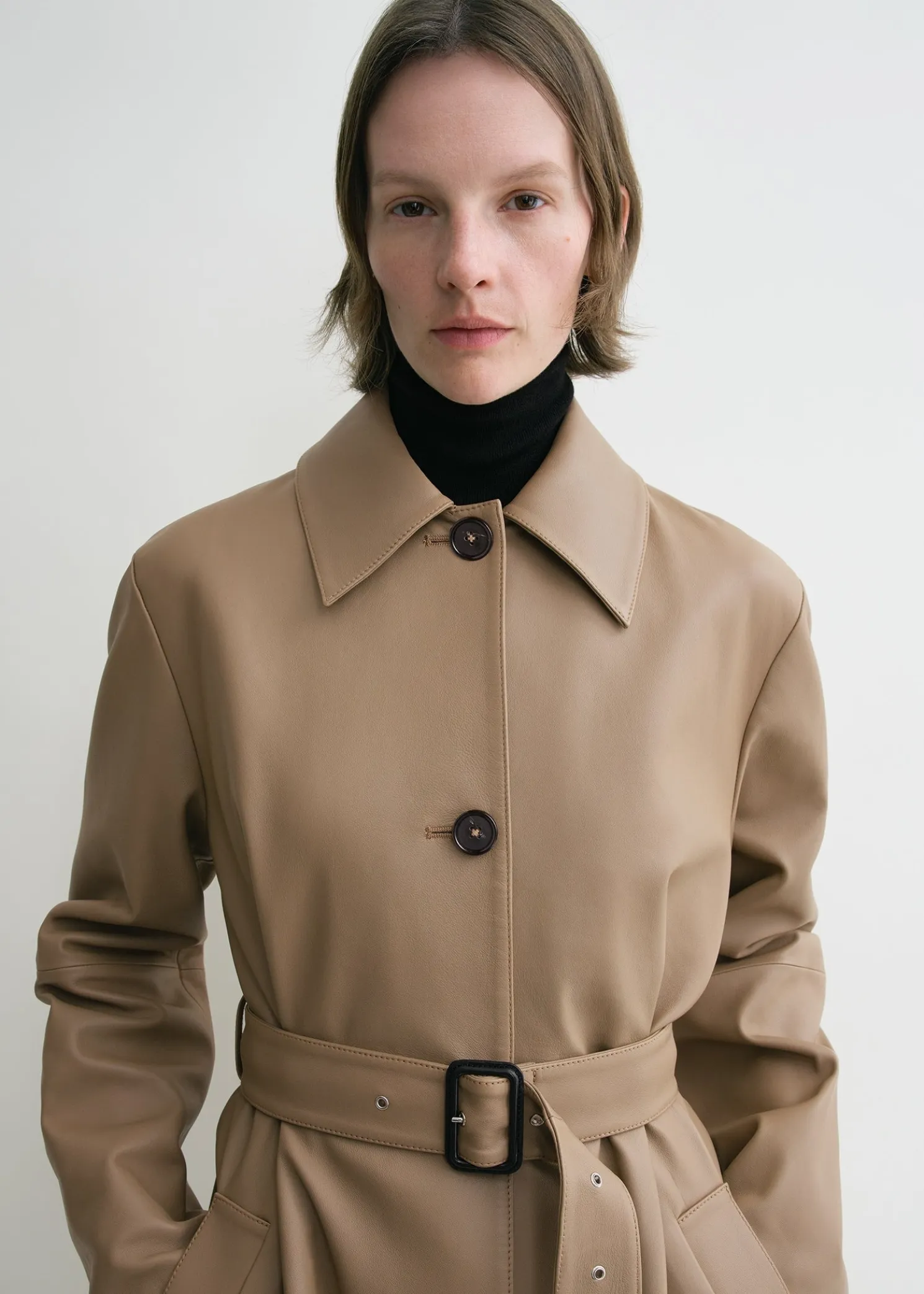 Belted leather coat truffle