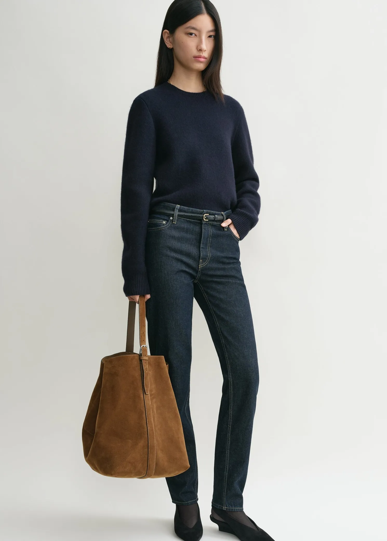 Belted suede tote tan