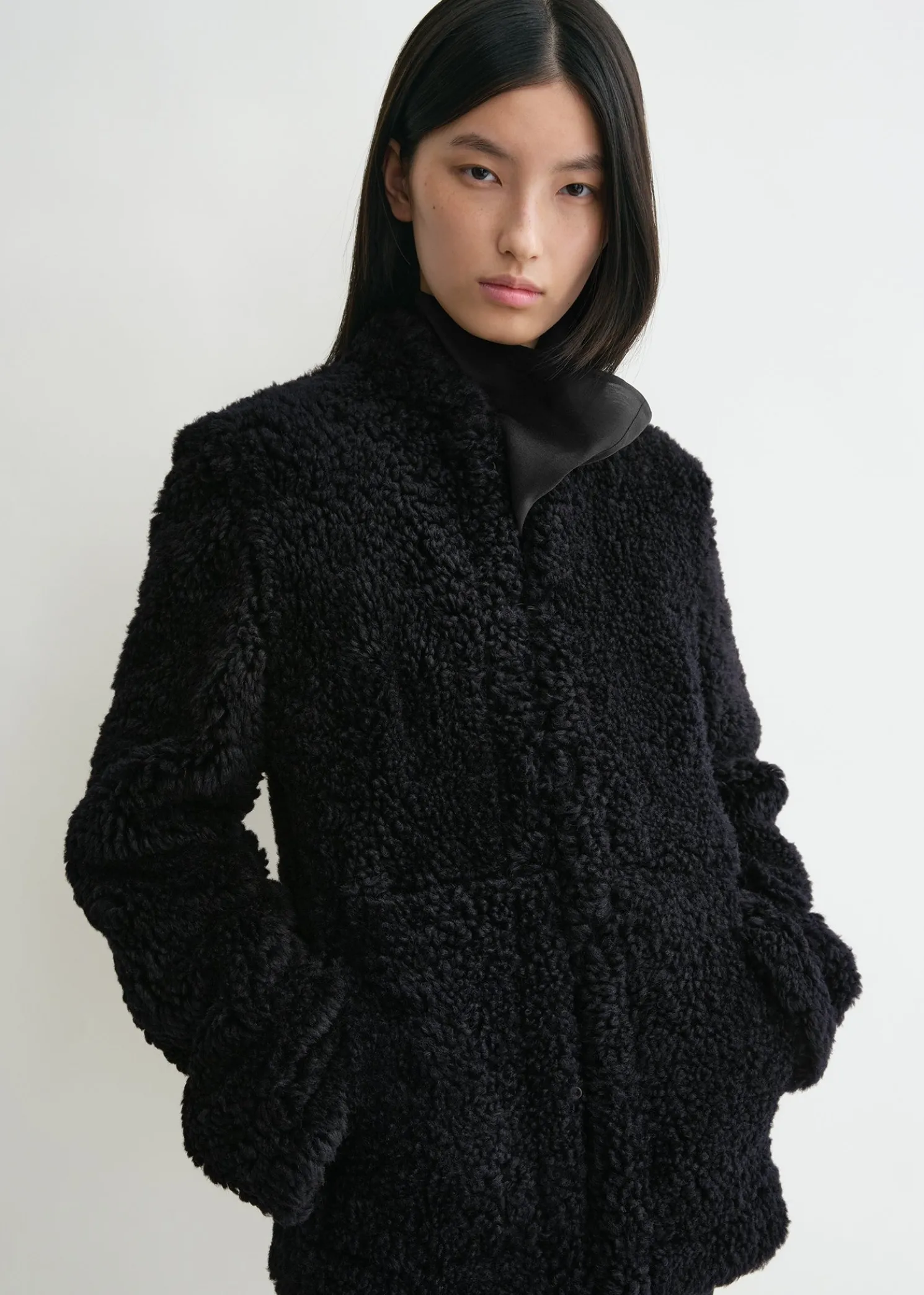 Cinched shearling jacket navy