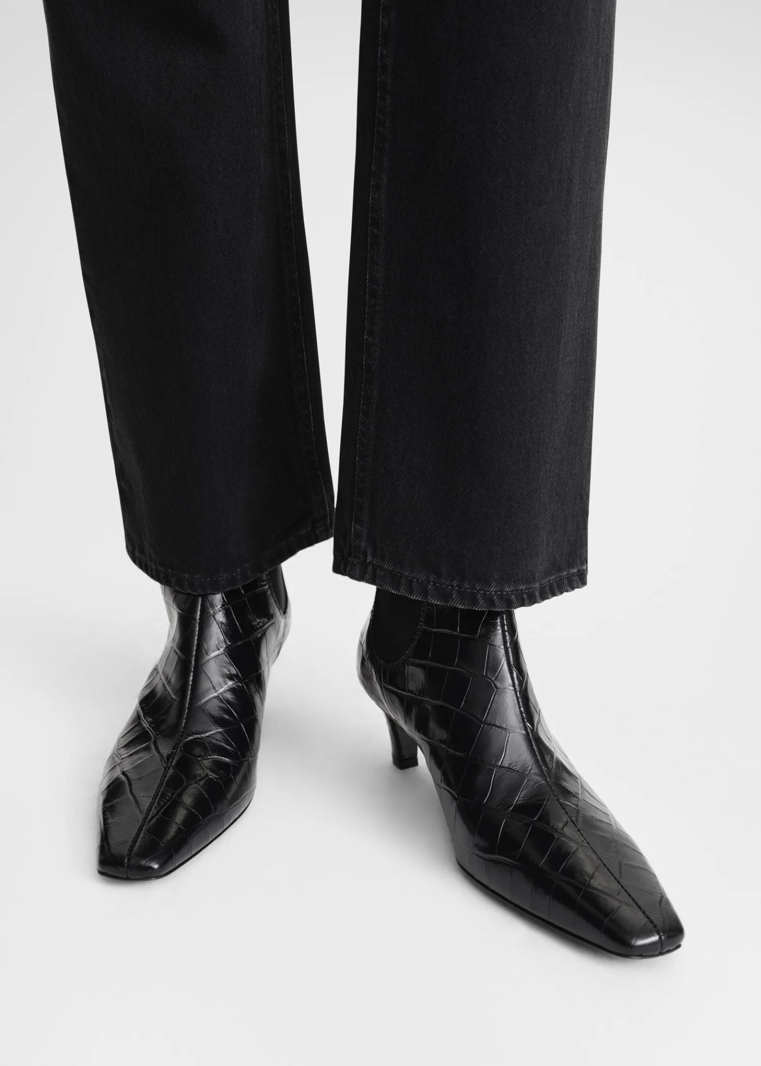 Croco-embossed mid-heel boots black