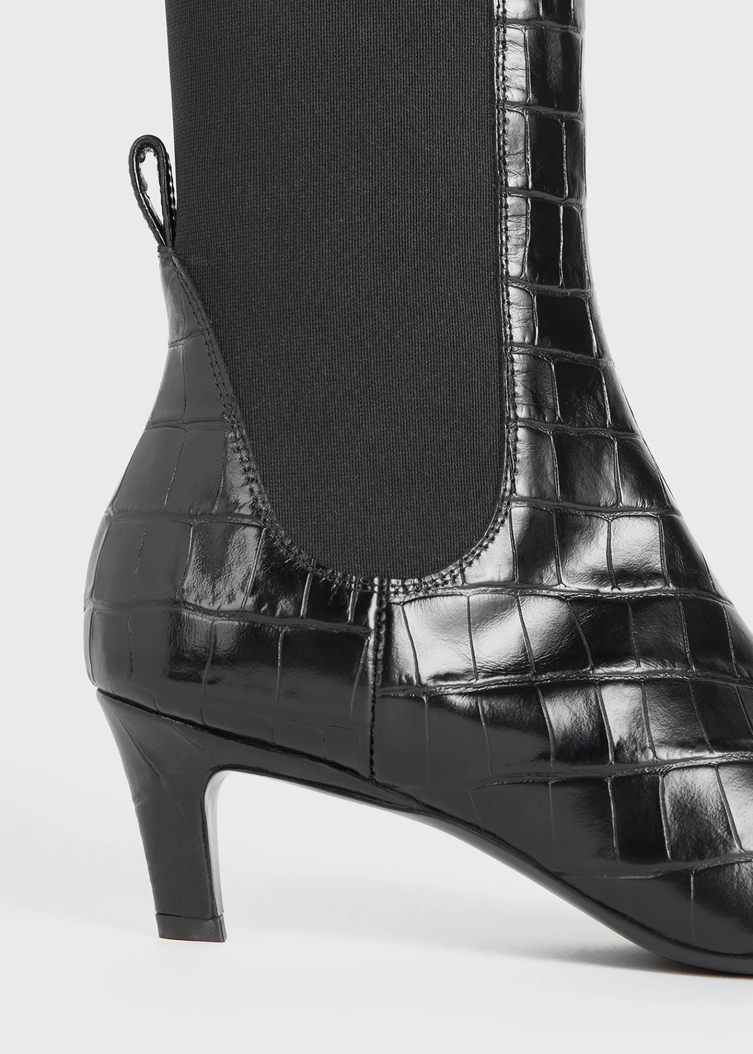 Croco-embossed mid-heel boots black