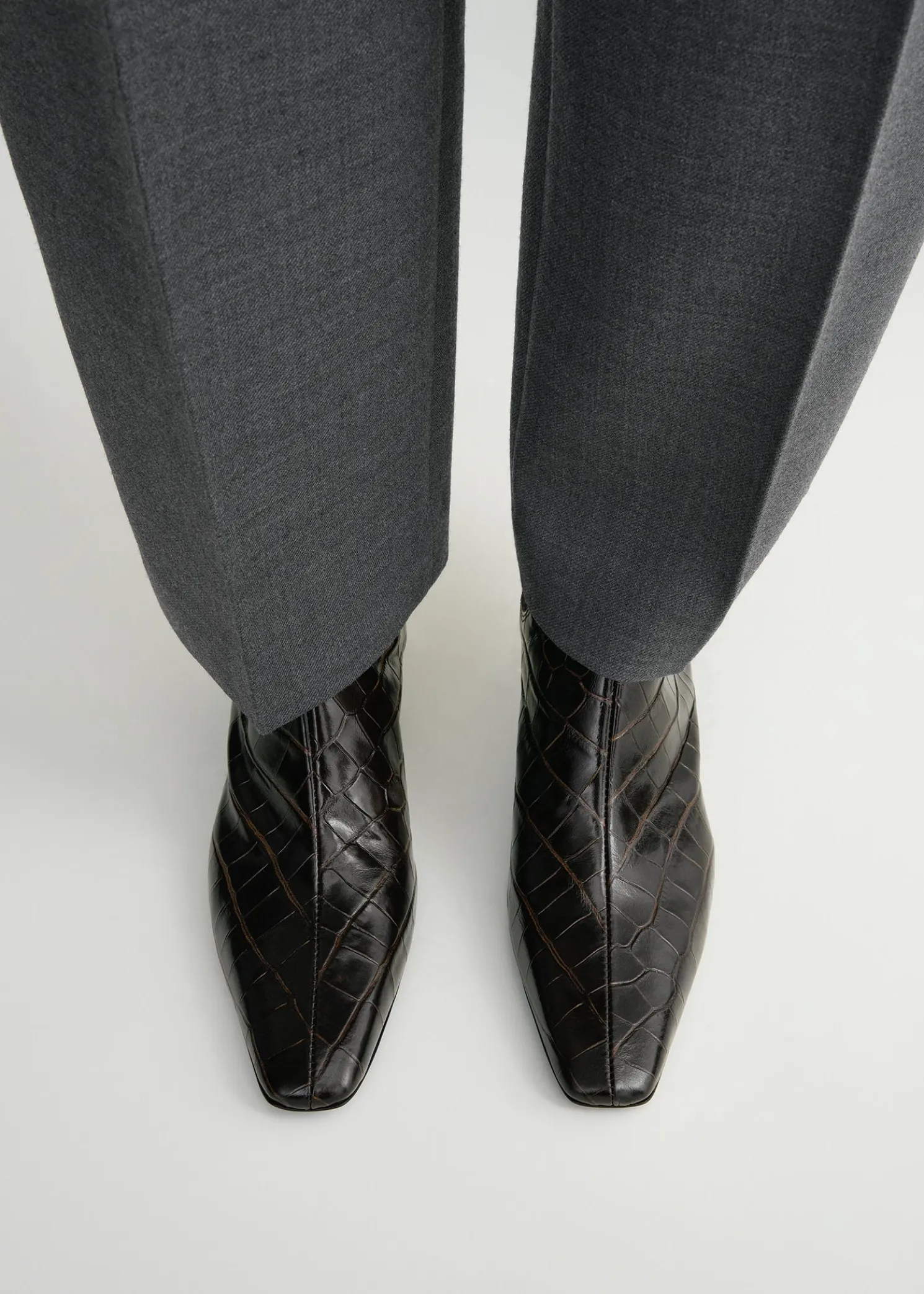 Croco-embossed mid-heel boots dark brown