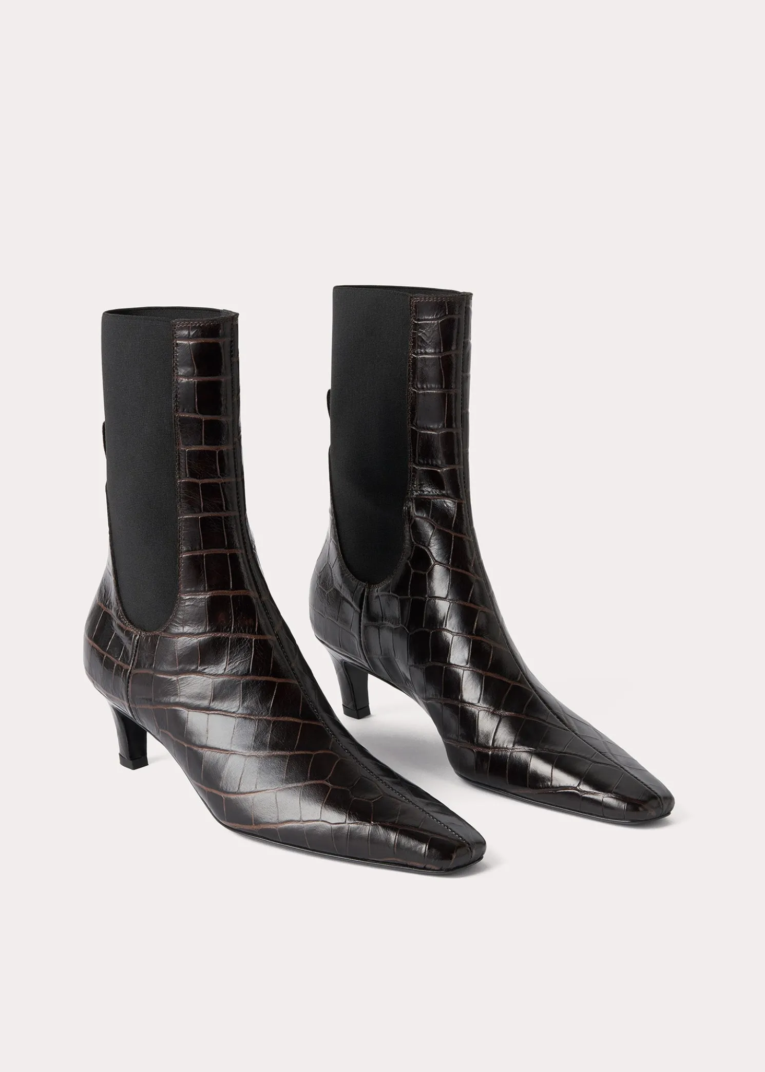 Croco-embossed mid-heel boots dark brown