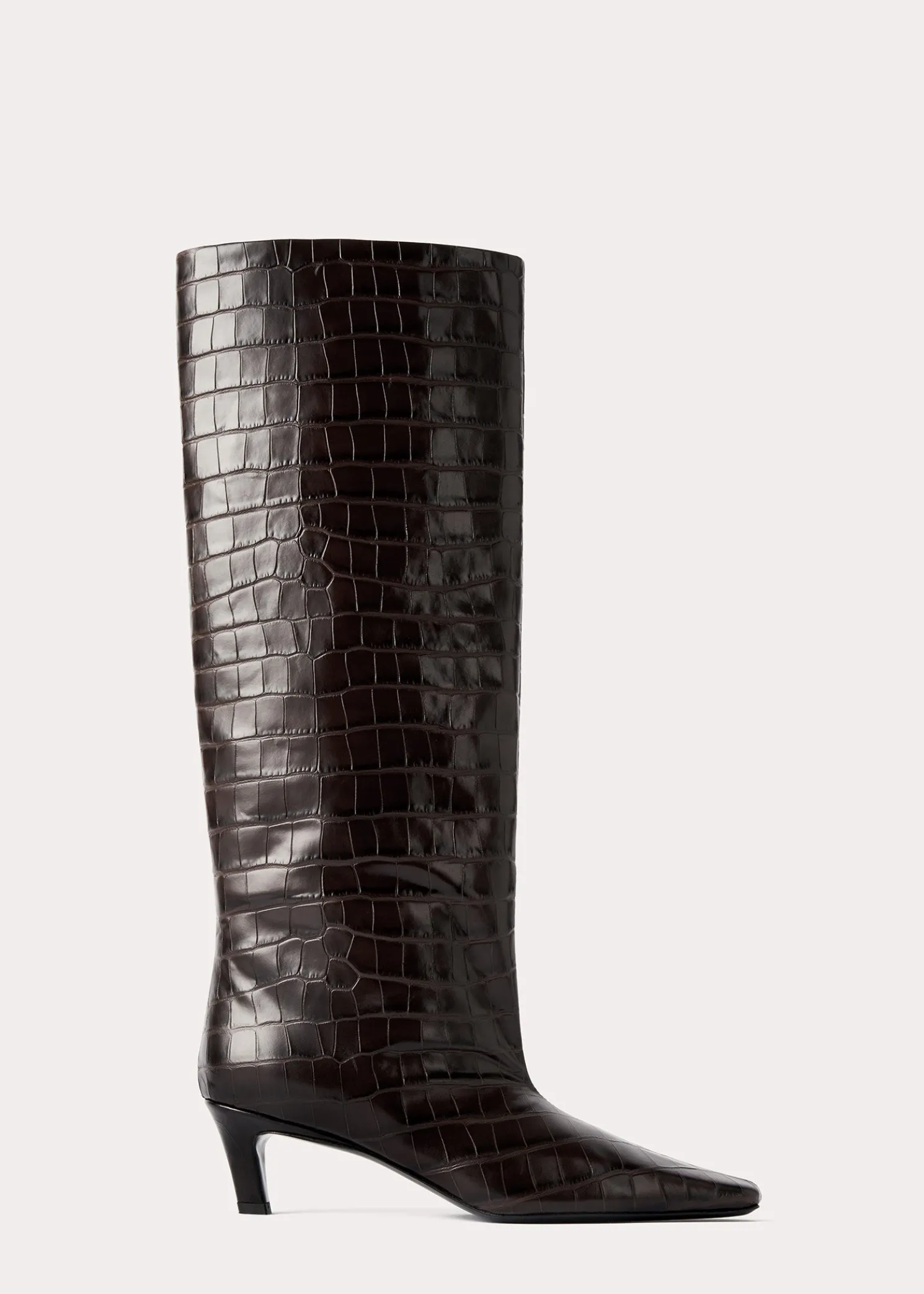 Croco-embossed wide shaft boots dark brown
