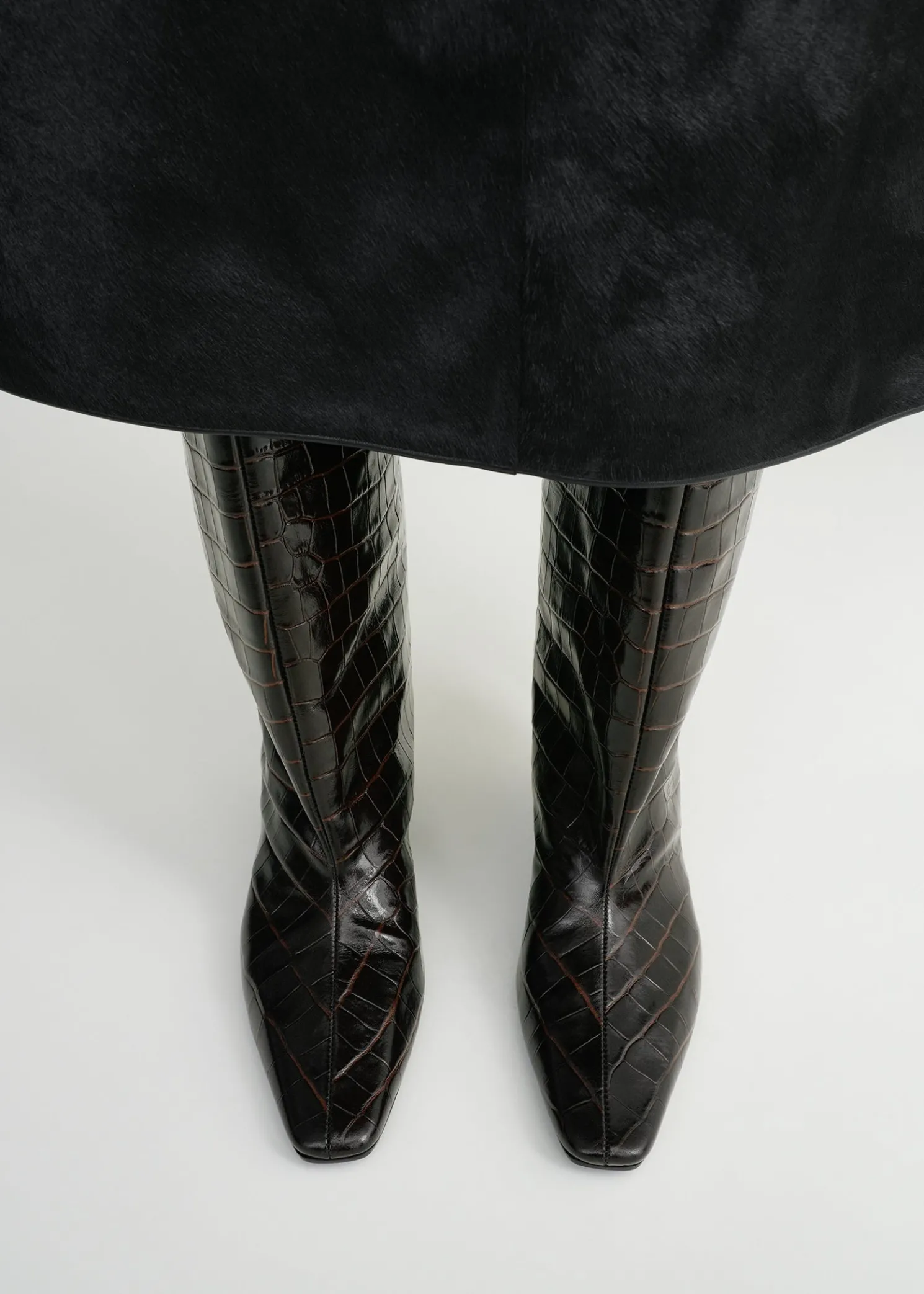 Croco-embossed wide shaft boots dark brown