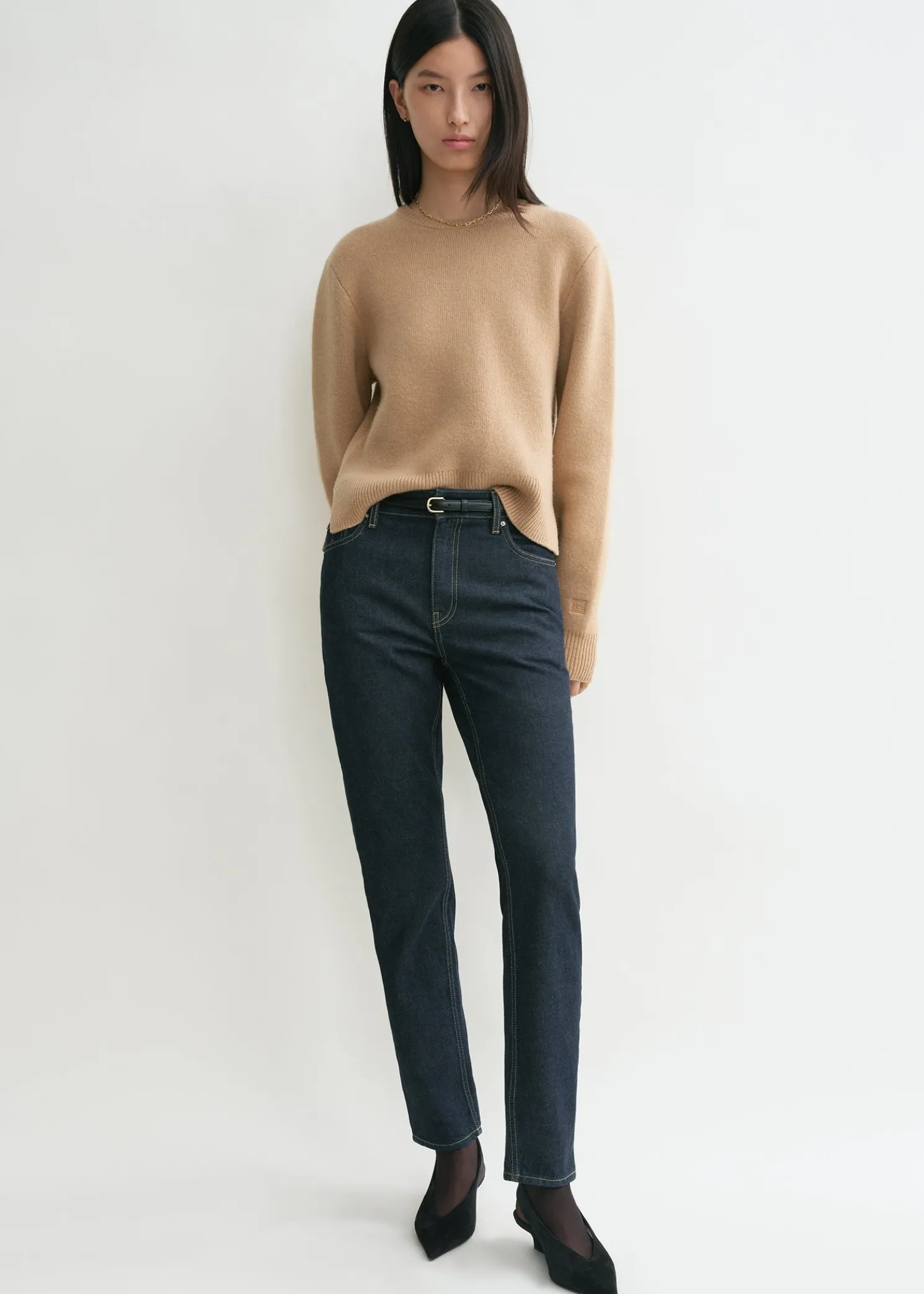 Cropped crew-neck knit camel
