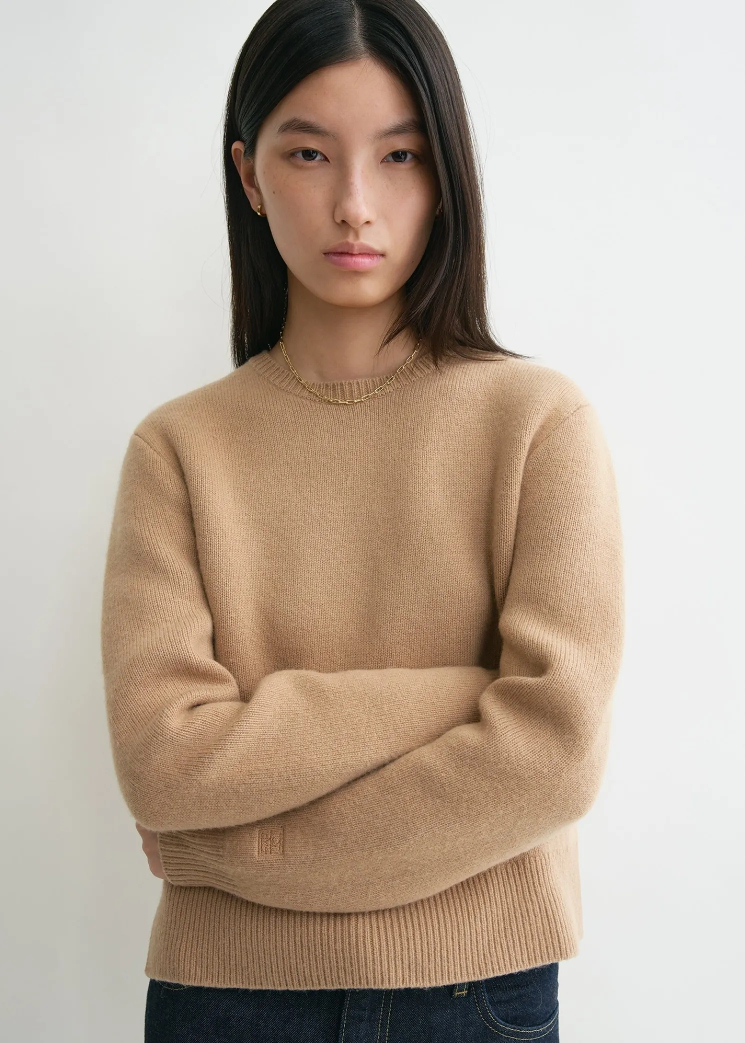 Cropped crew-neck knit camel