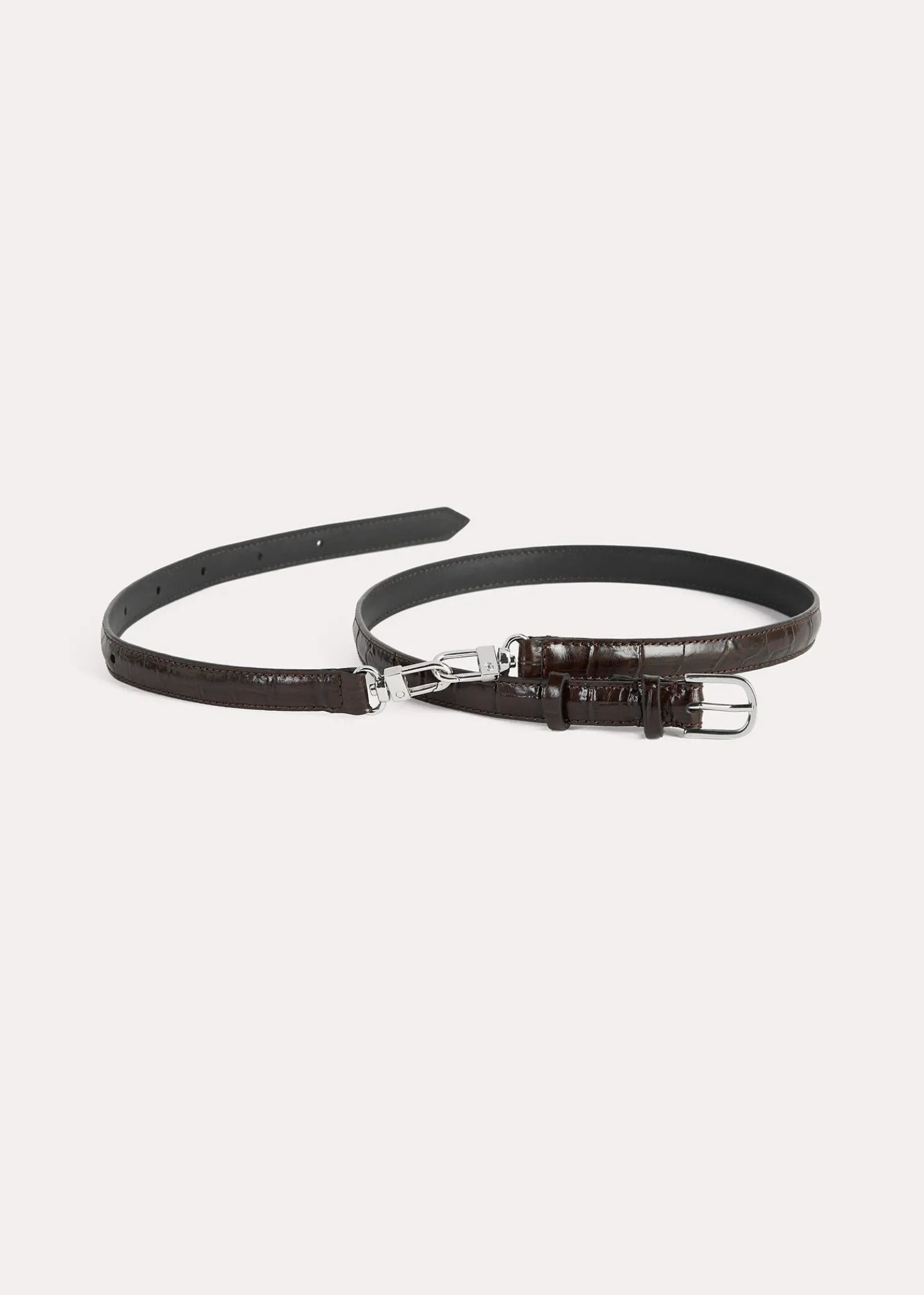 Double clasp leather belt dark brown croco