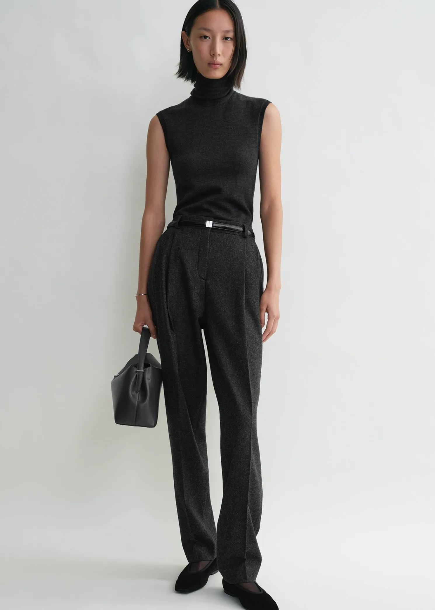 Double-pleated tailored trousers charcoal melange