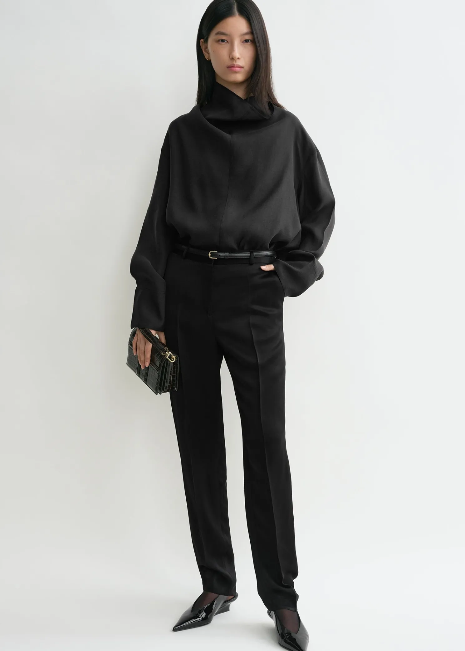 Funnel-neck organza blouse black