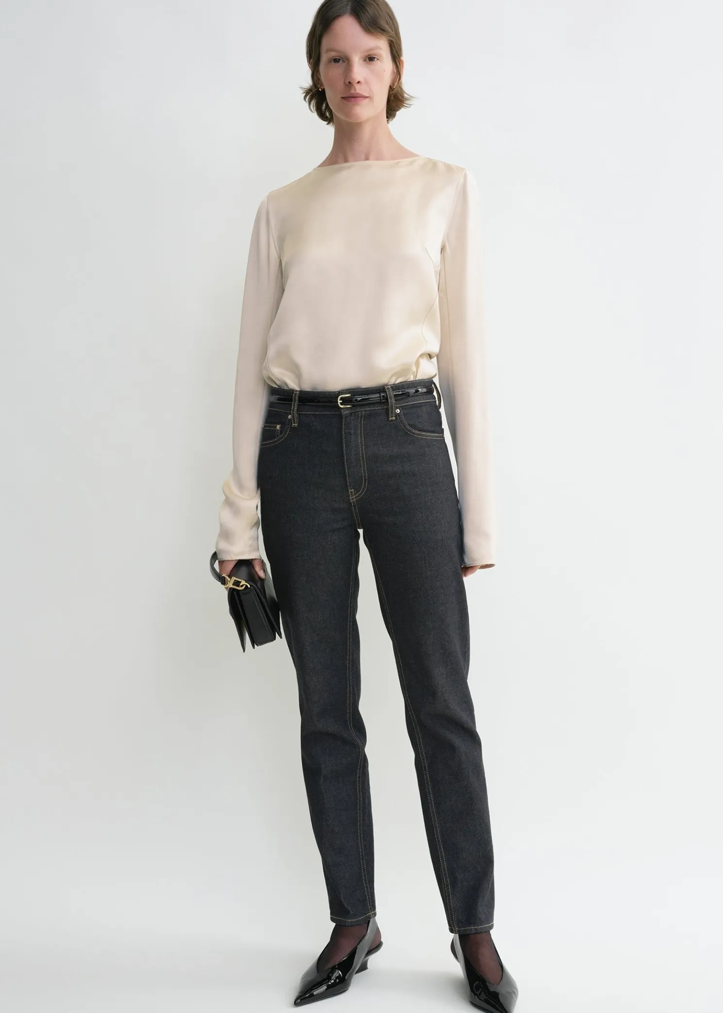 Long-sleeve satin top ecru