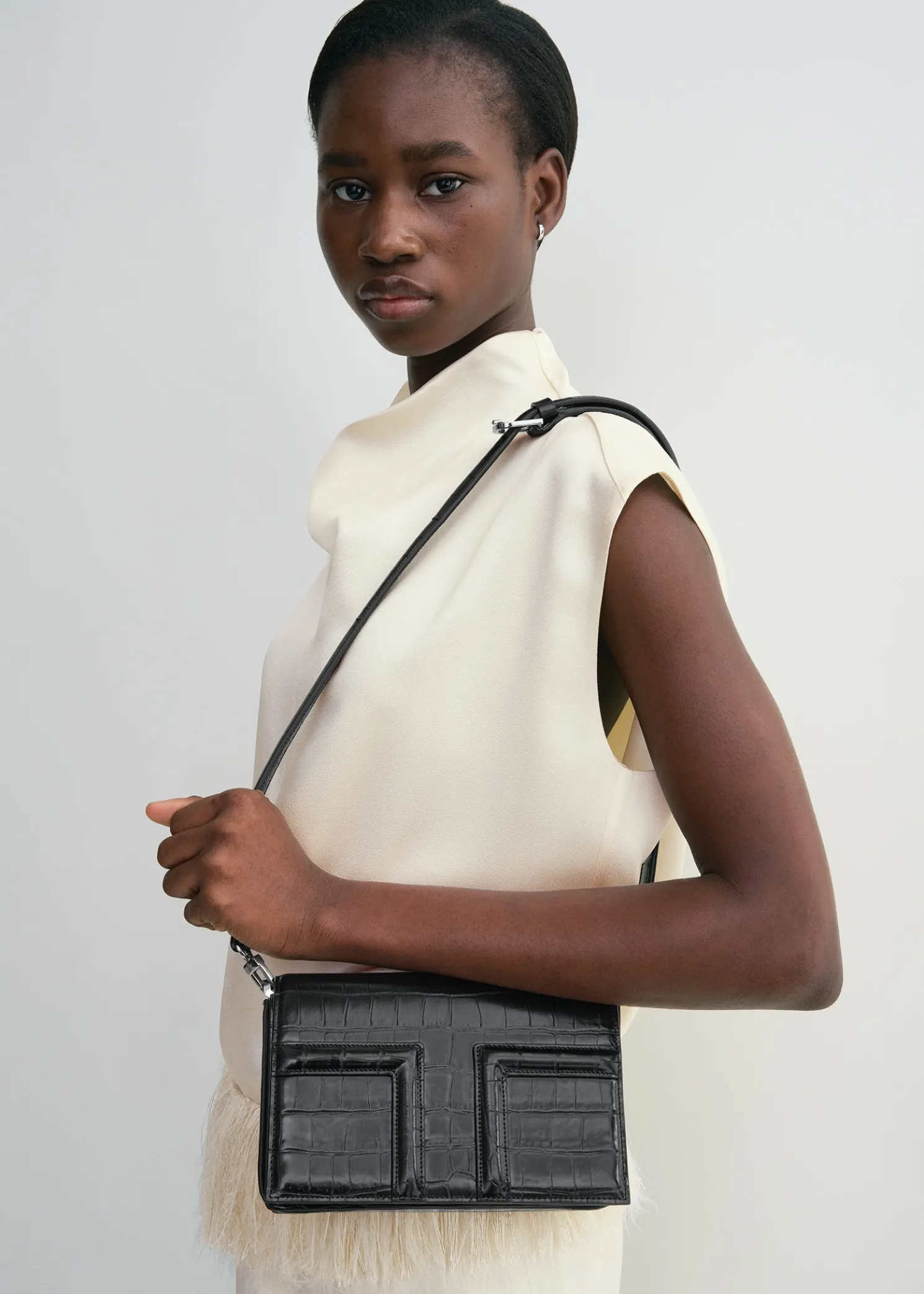 Mini T-Flap croco-embossed bag dark brown