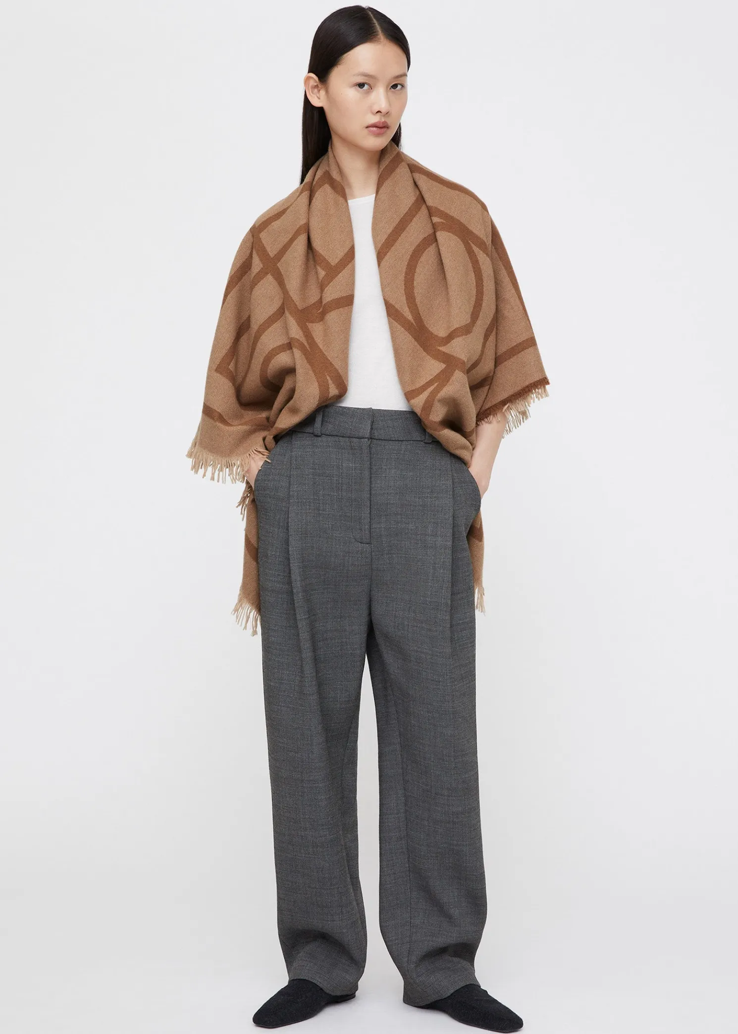 Monogram wool cashmere scarf camel