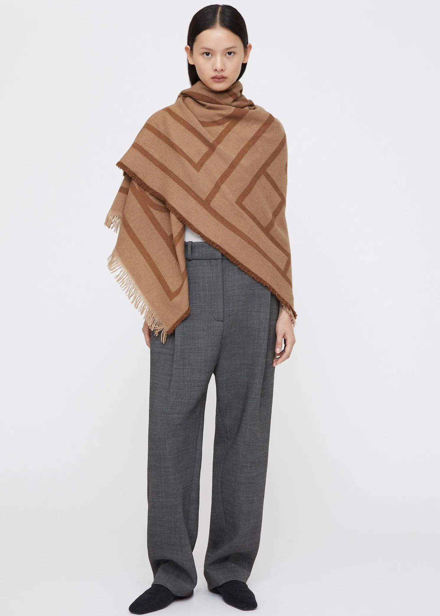 Monogram wool cashmere scarf camel