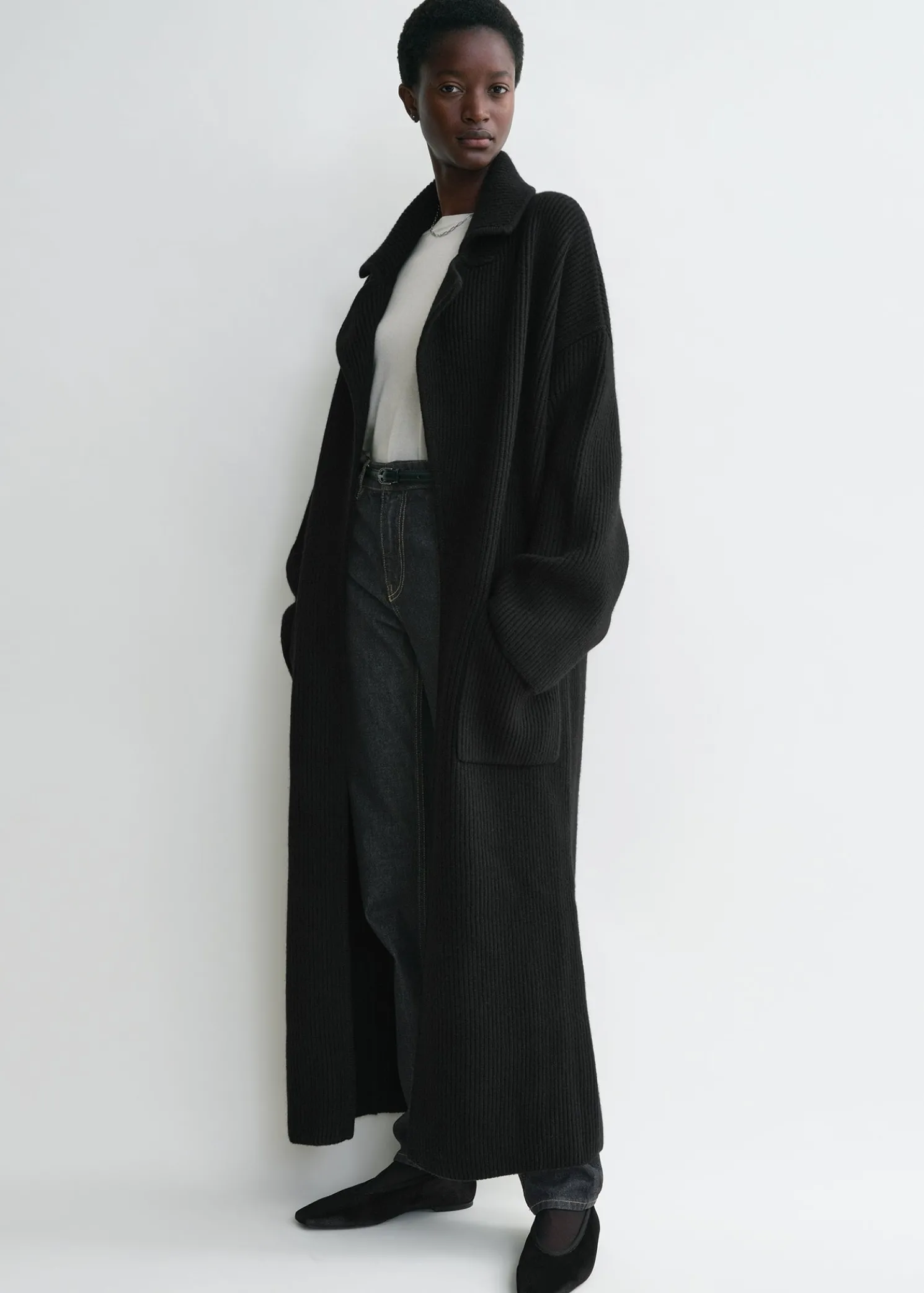 Rib-knit cardi coat black