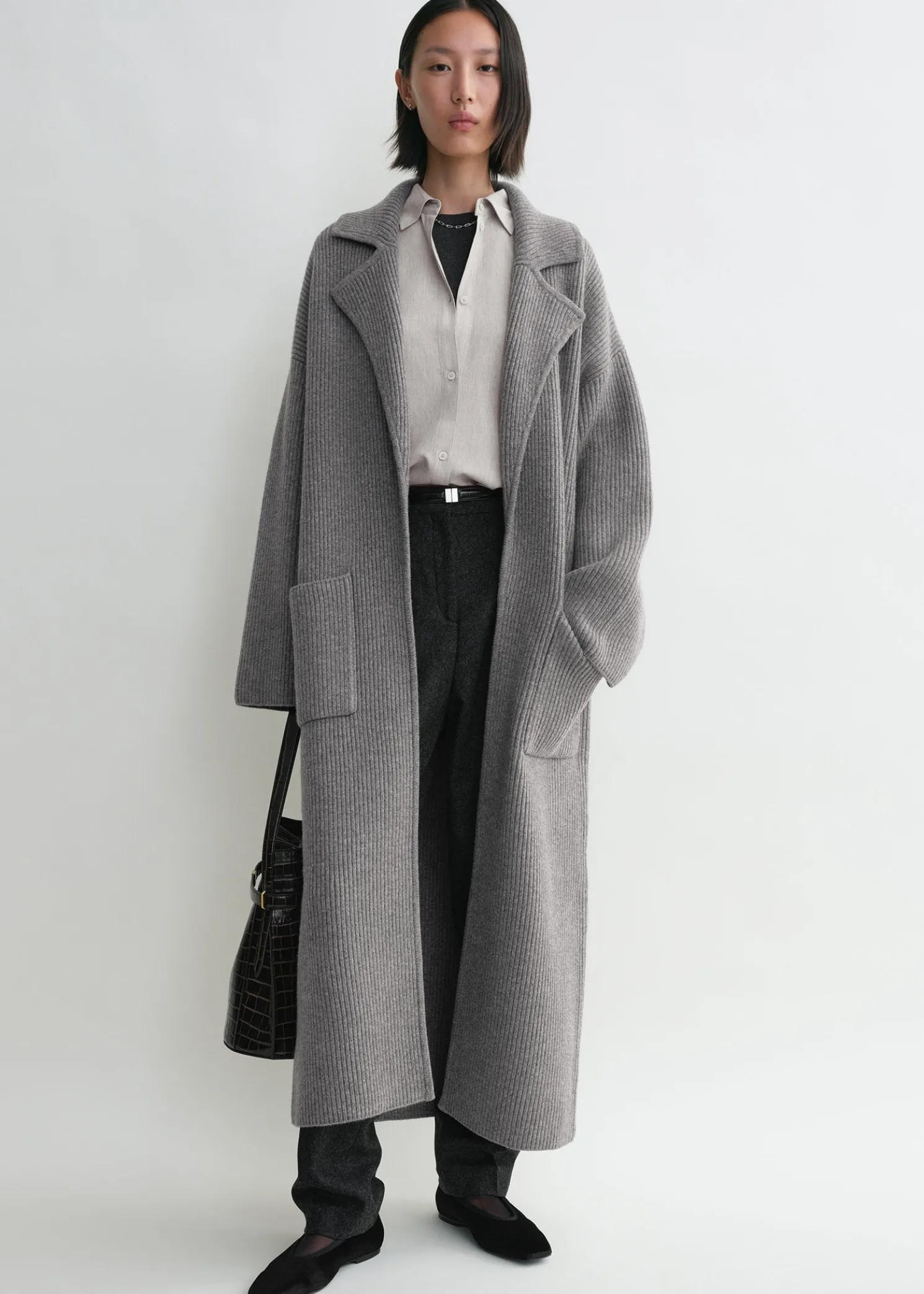 Rib-knit cardi coat grey melange