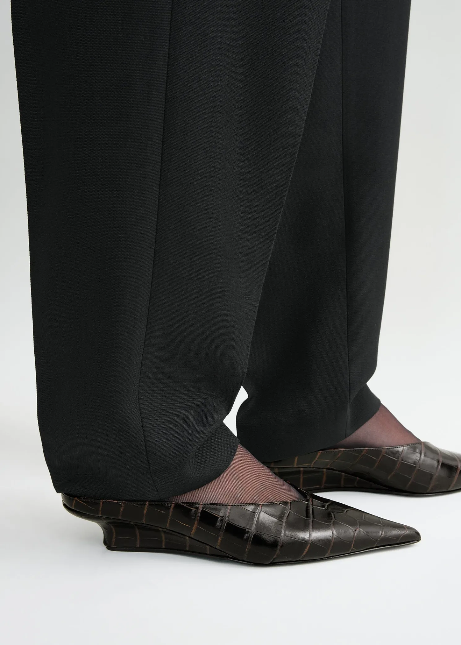 Sharp croco-embossed wedge mules dark brown