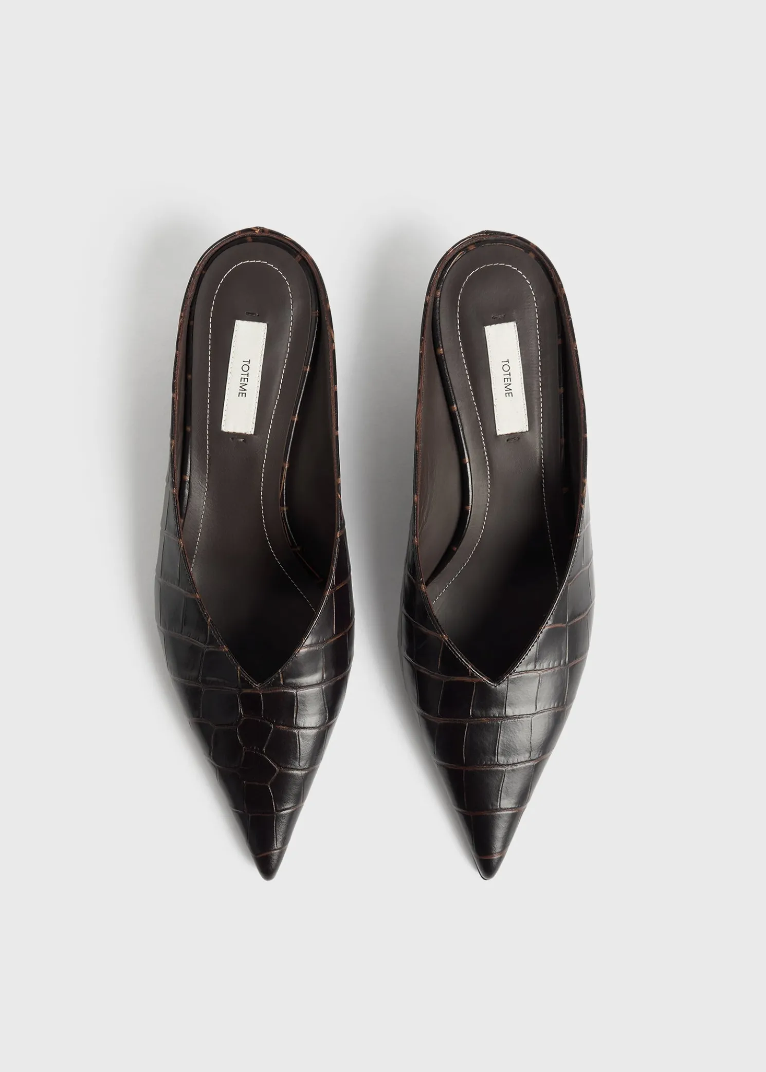 Sharp croco-embossed wedge mules dark brown