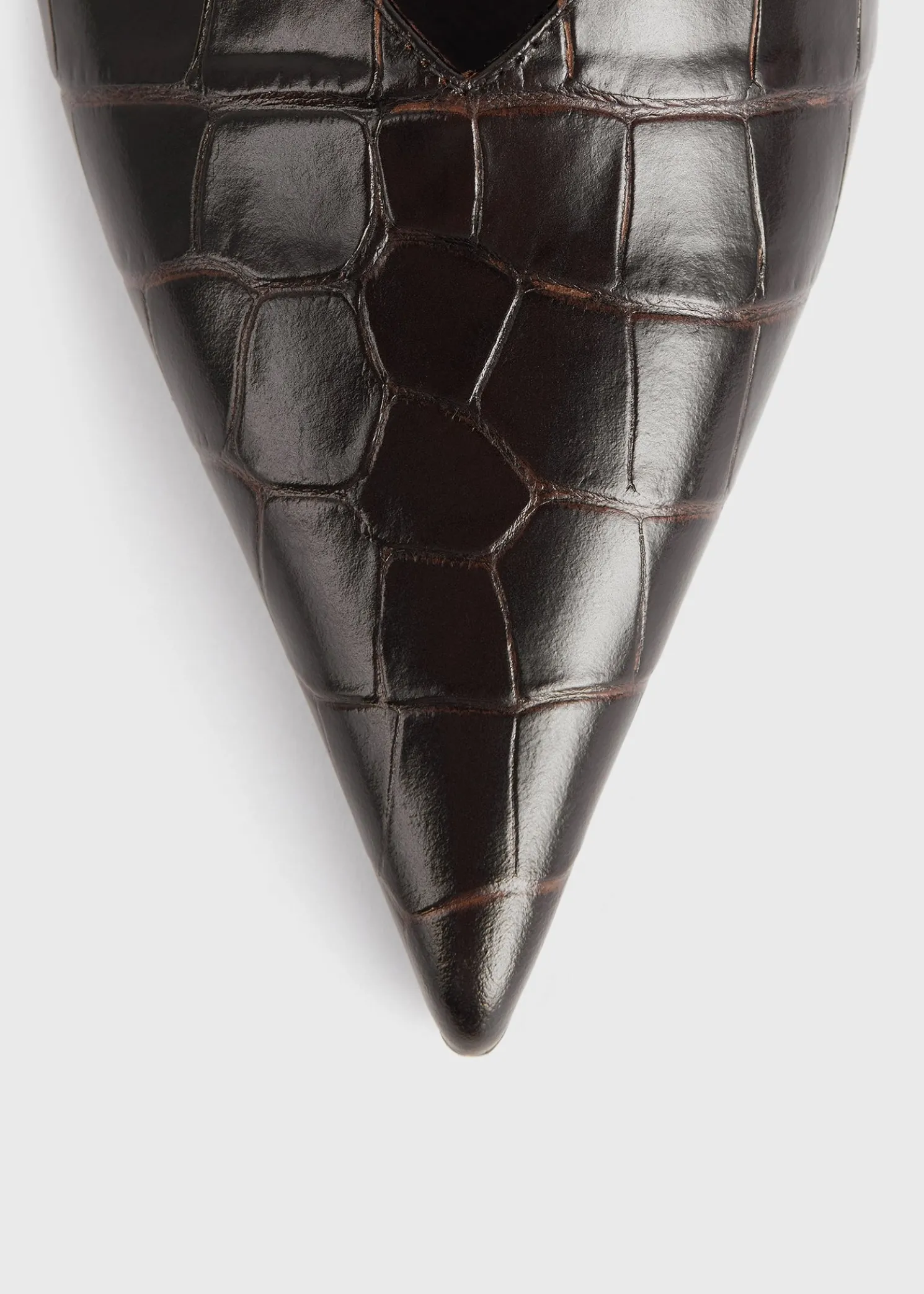 Sharp croco-embossed wedge mules dark brown