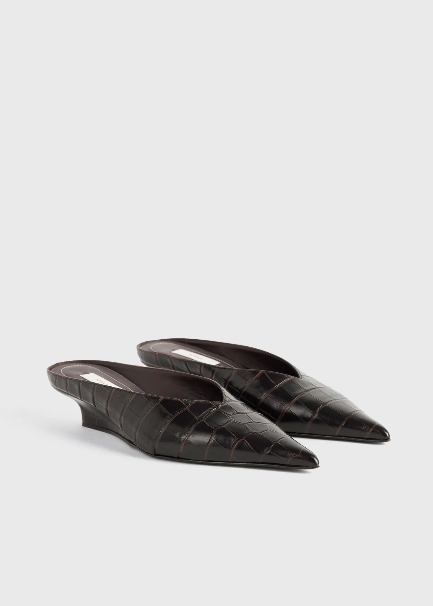 Sharp croco-embossed wedge mules dark brown