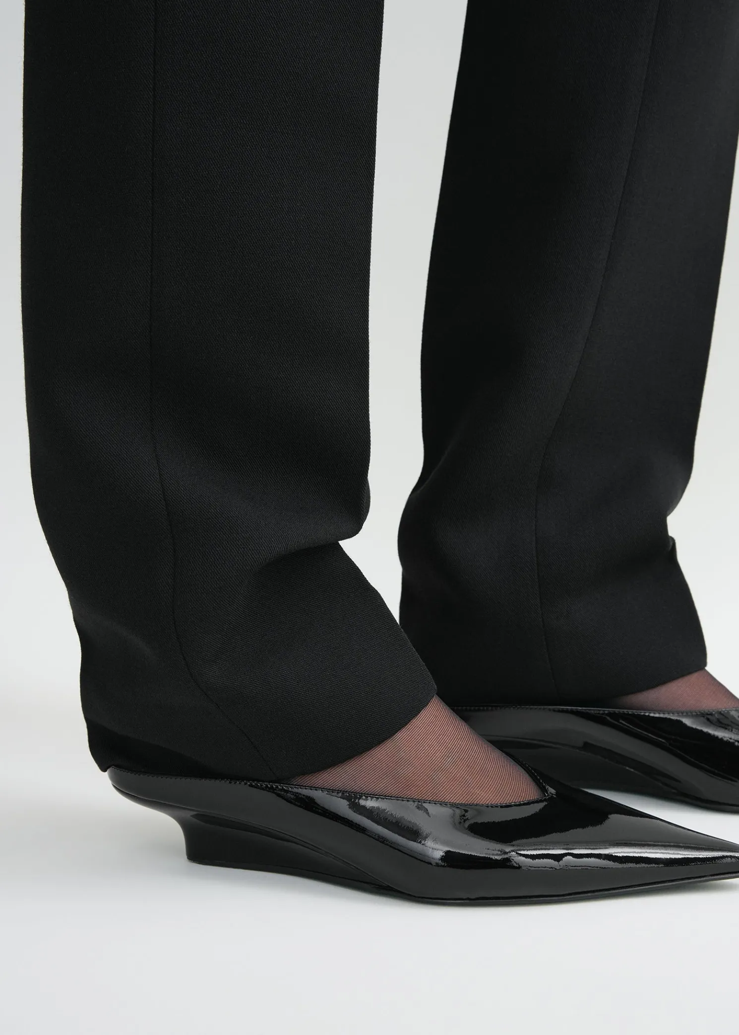 Sharp patent wedge mules black