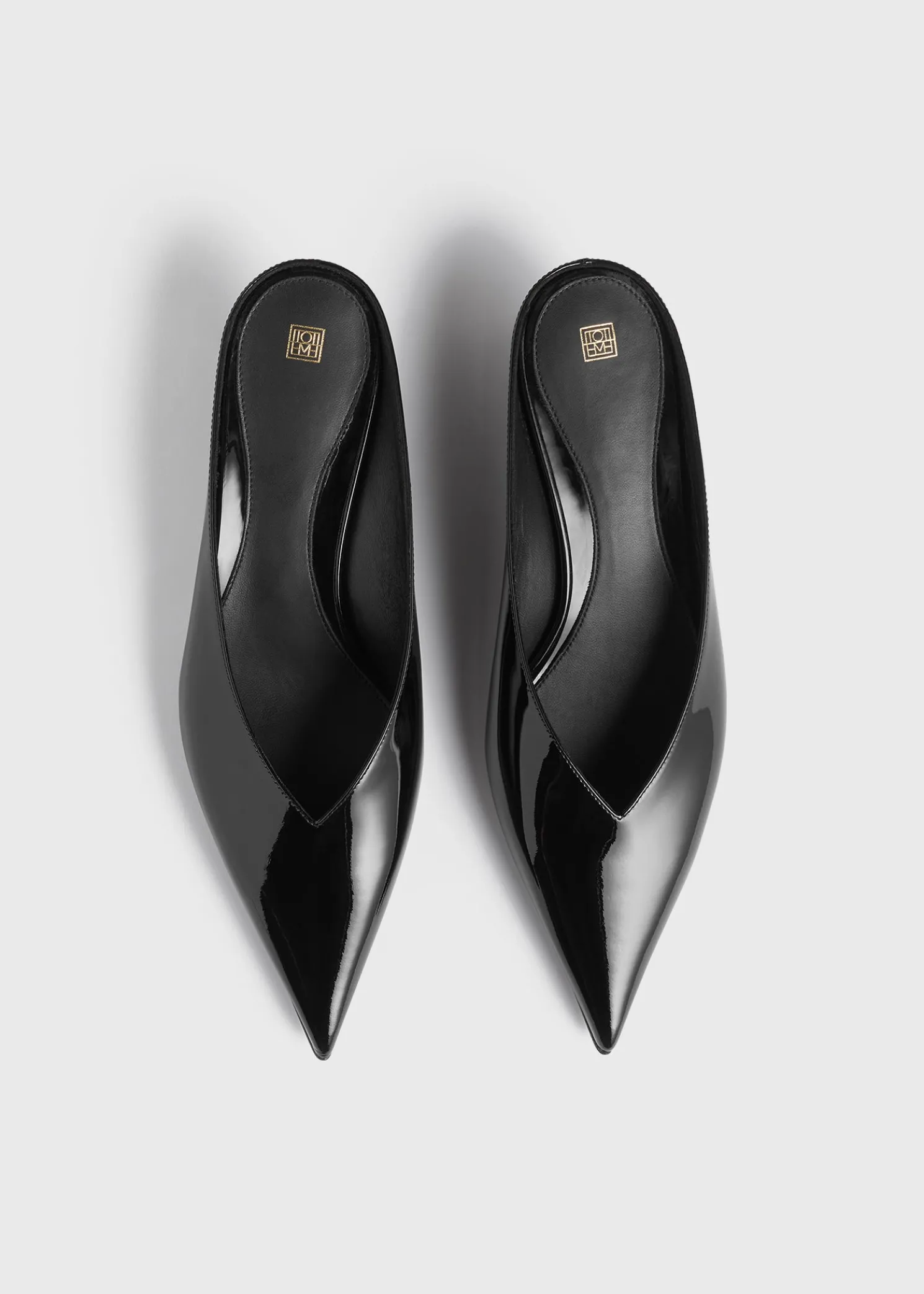 Sharp patent wedge mules black