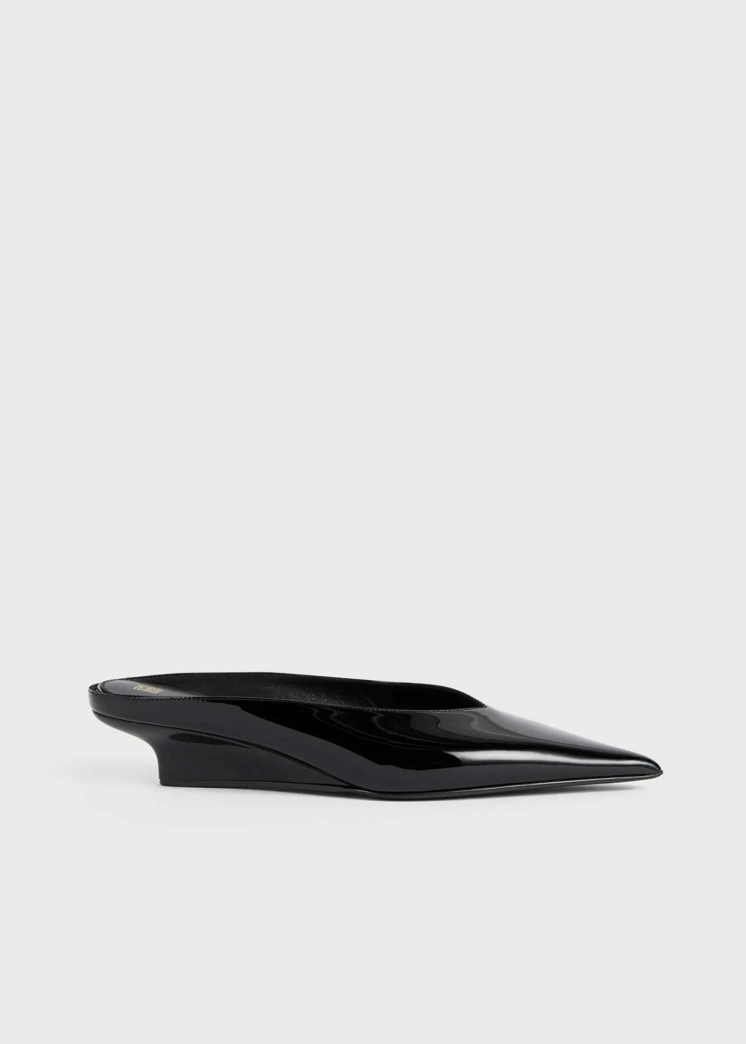 Sharp patent wedge mules black