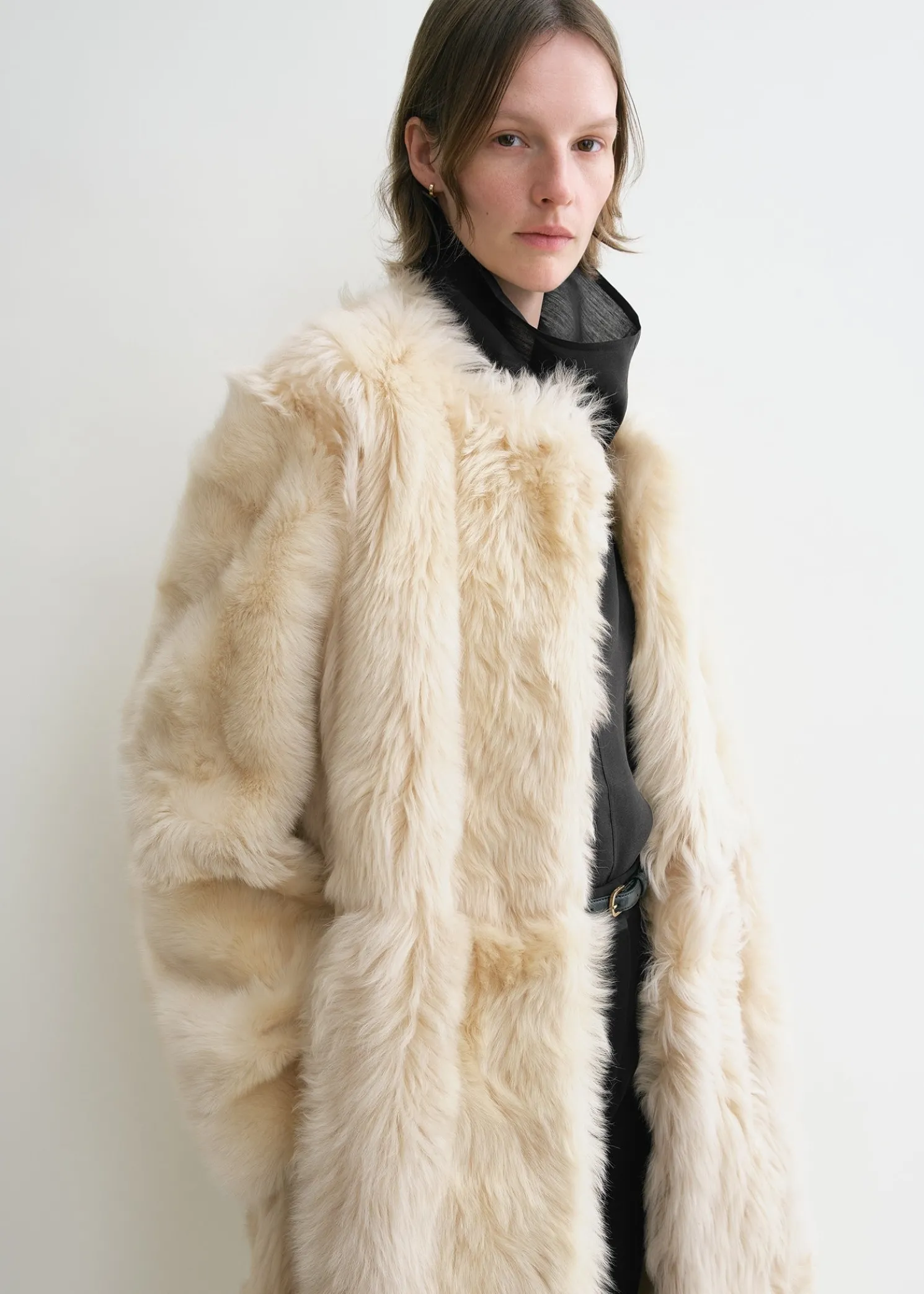 Silky shearling coat eggnog