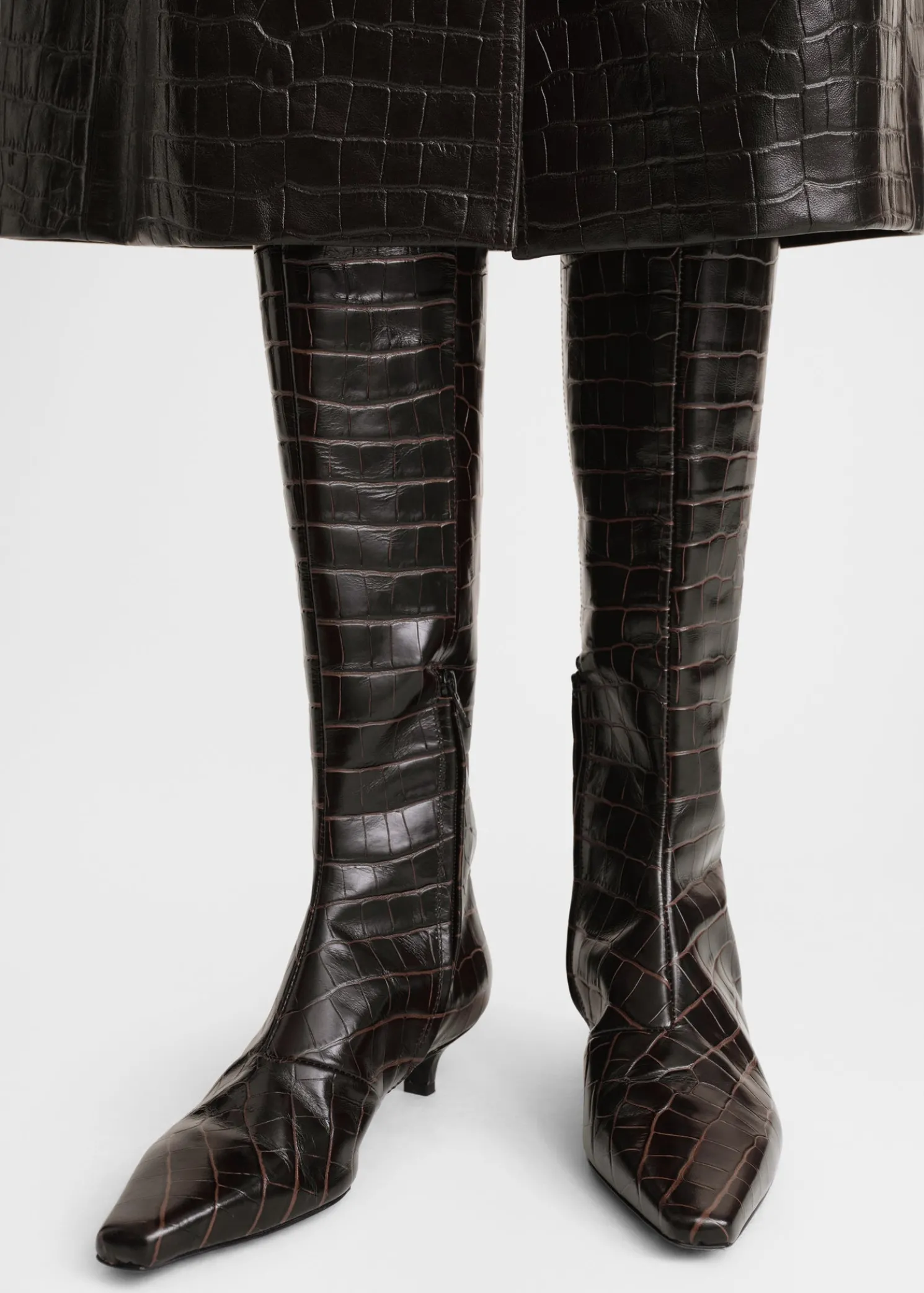 Slim croco-embossed knee-high boots dark brown