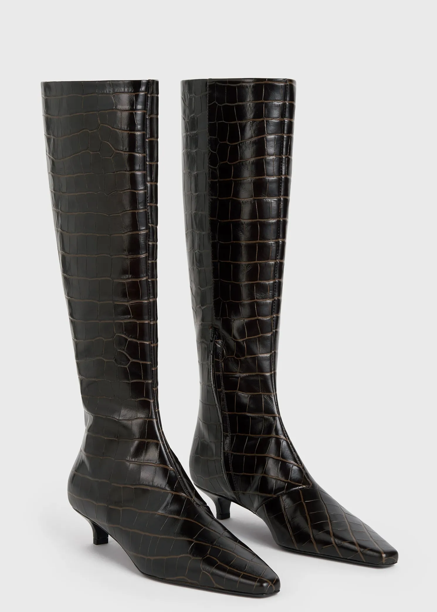 Slim croco-embossed knee-high boots dark brown