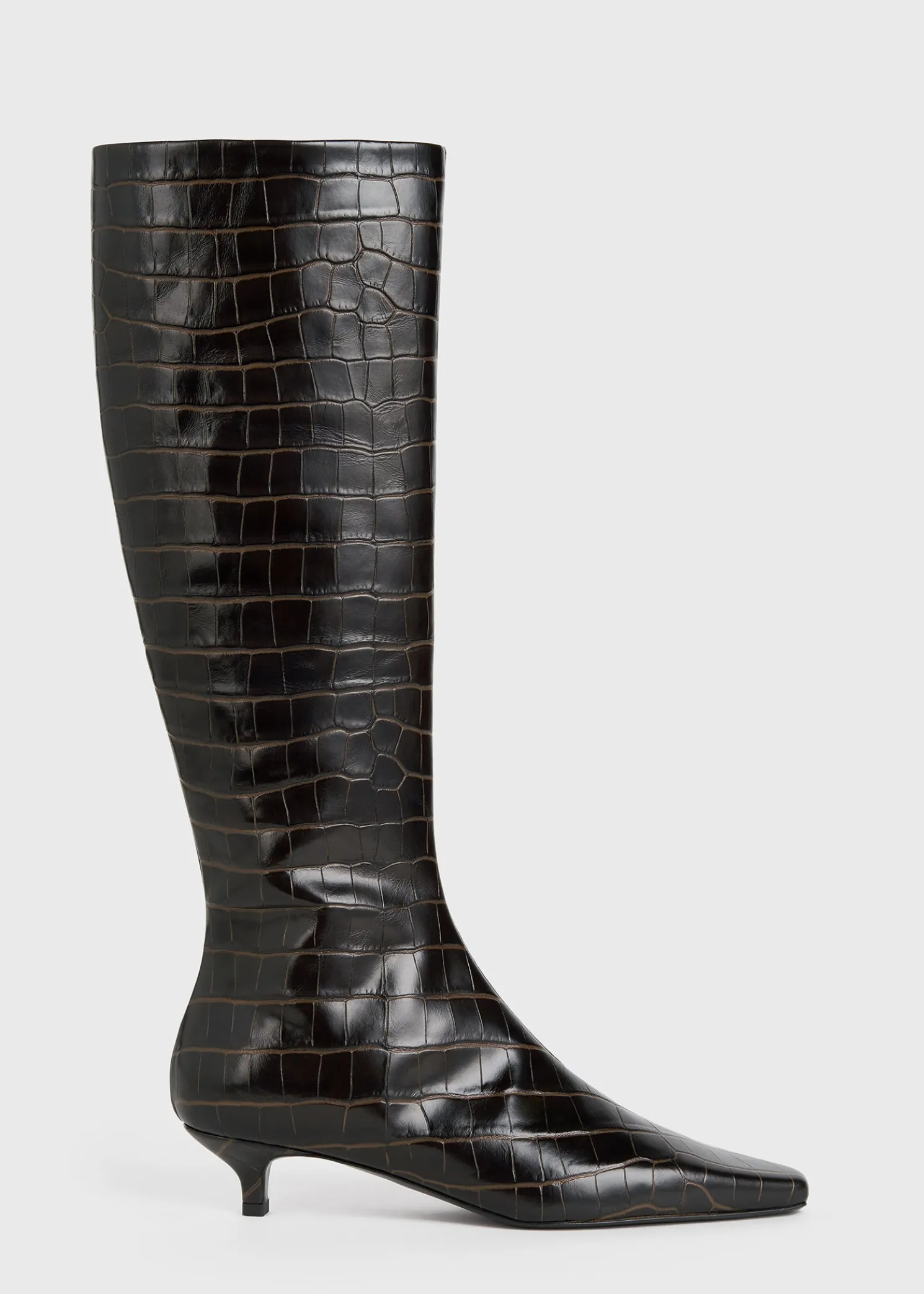 Slim croco-embossed knee-high boots dark brown