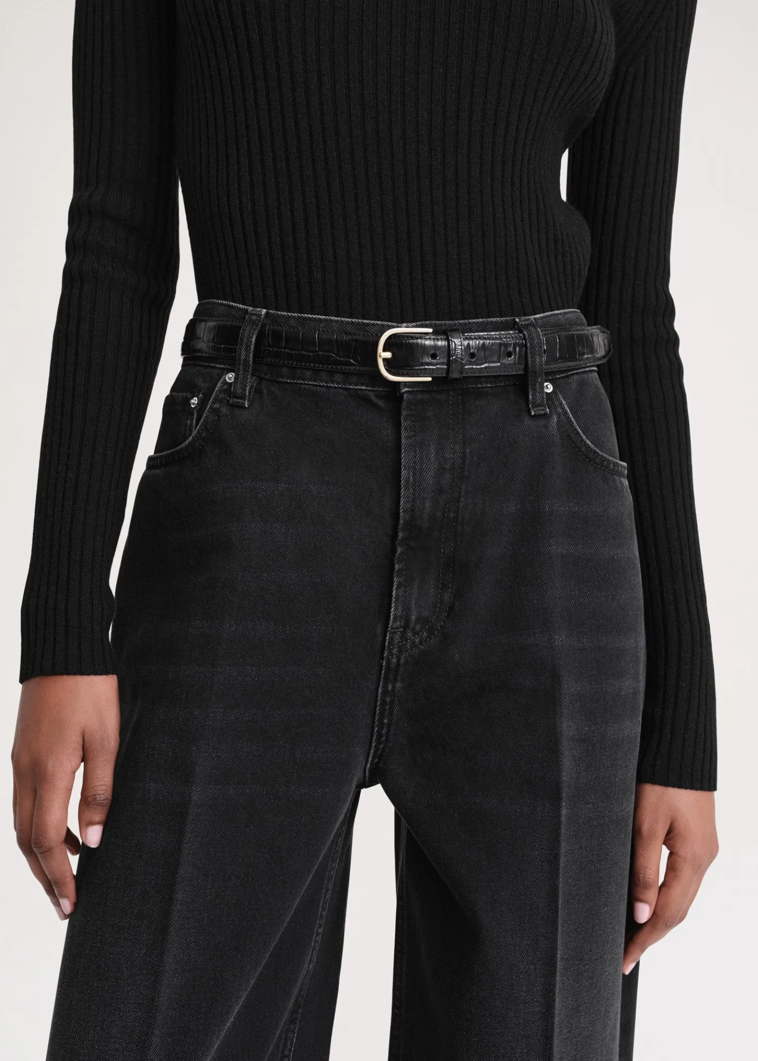 Slim croco-embossed trouser belt black