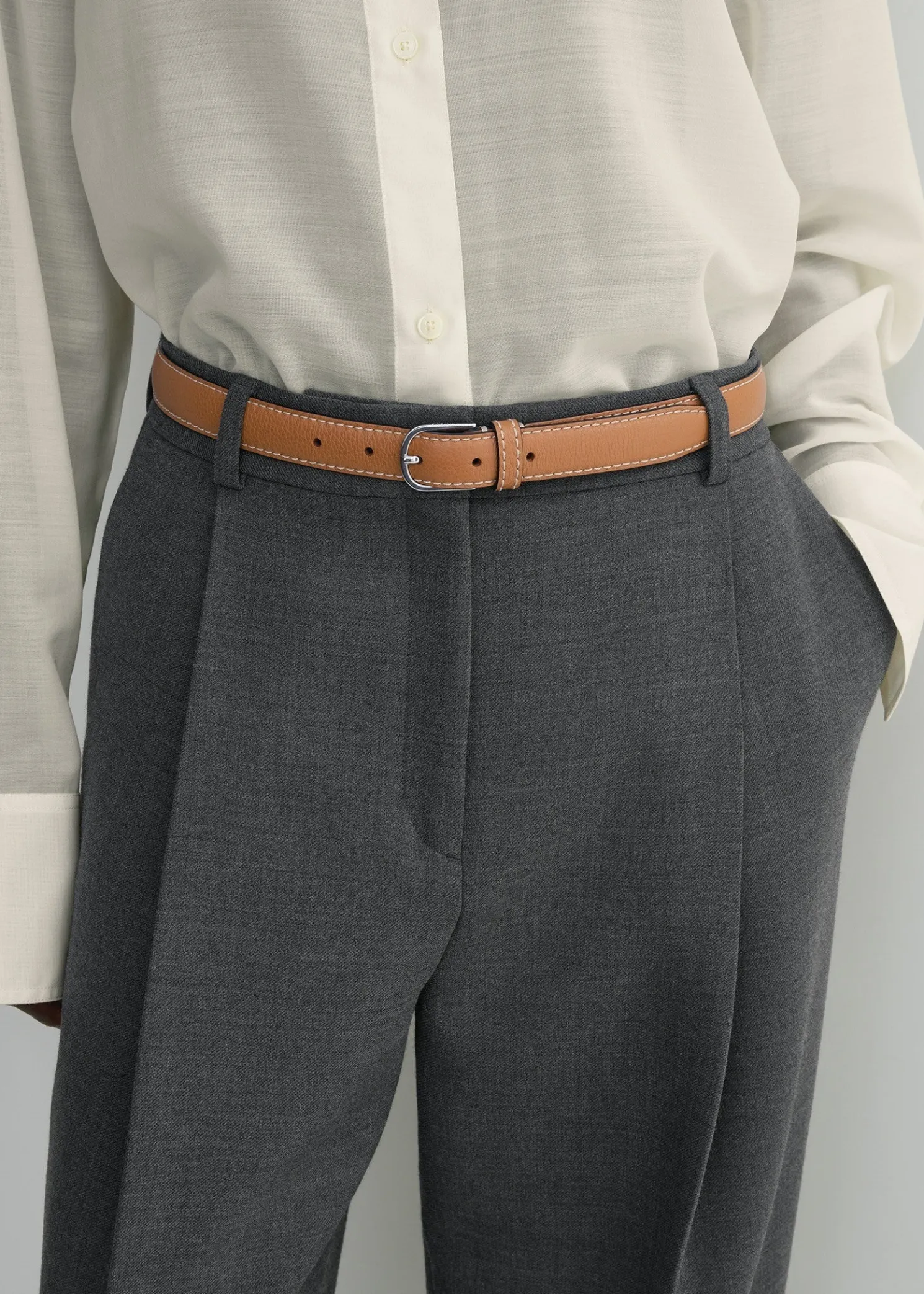 Slim grained-leather trouser belt tan