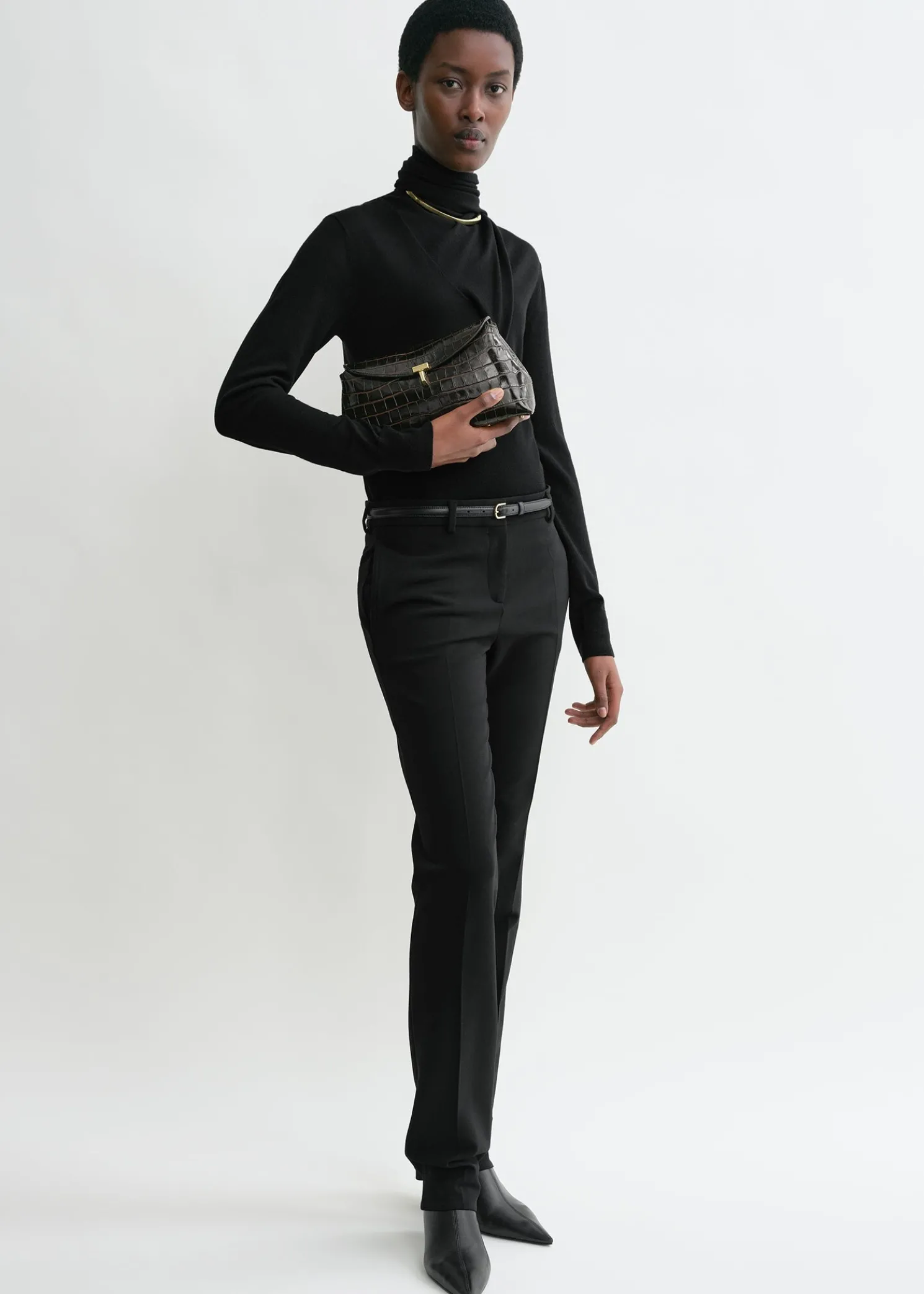 T-Lock croco-embossed clutch dark brown