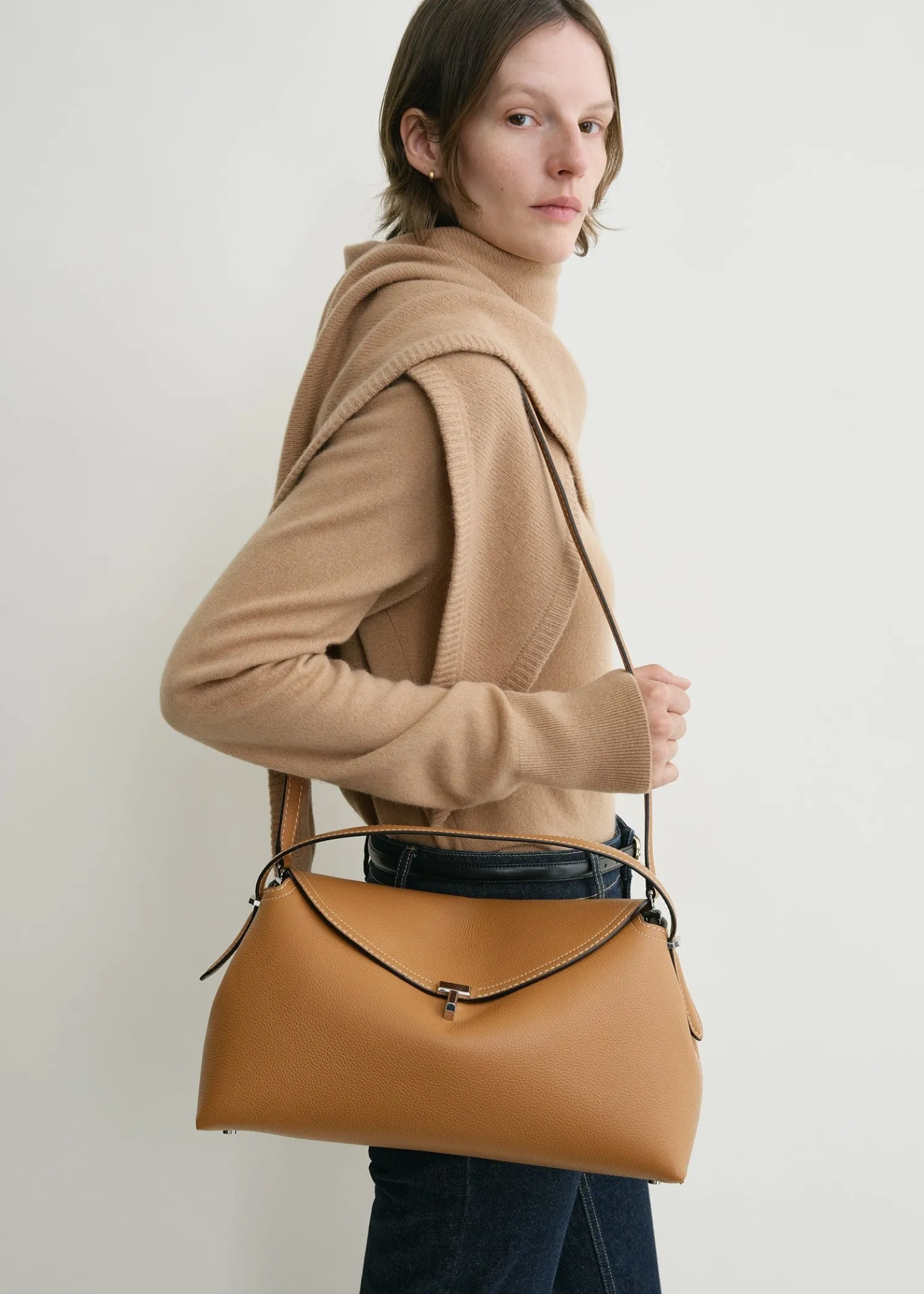T-Lock grained-leather top handle tan