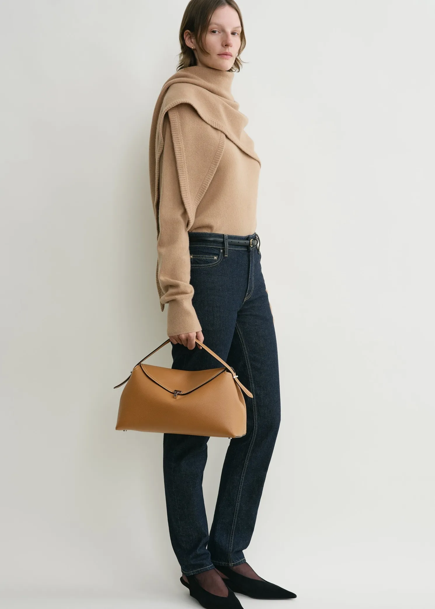 T-Lock grained-leather top handle tan