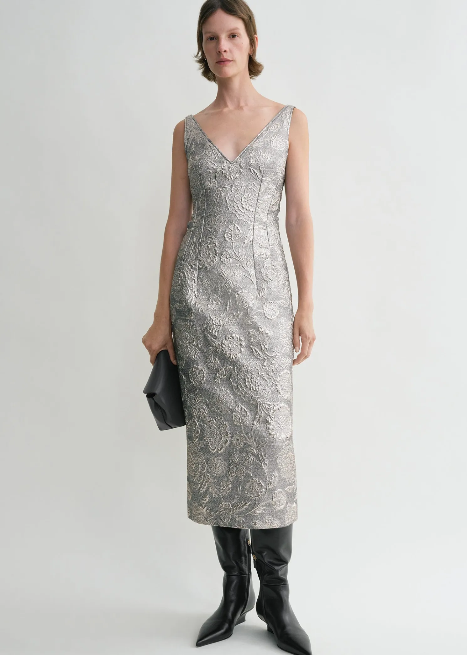 V-neck brocade dress silver