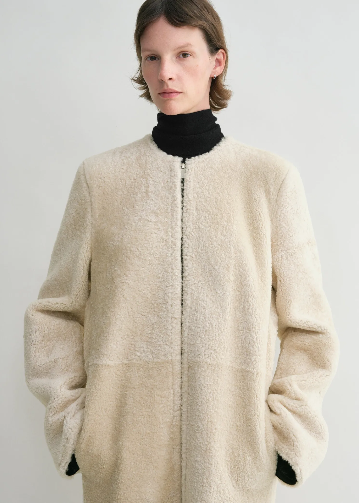 Zipped teddy shearling coat cream